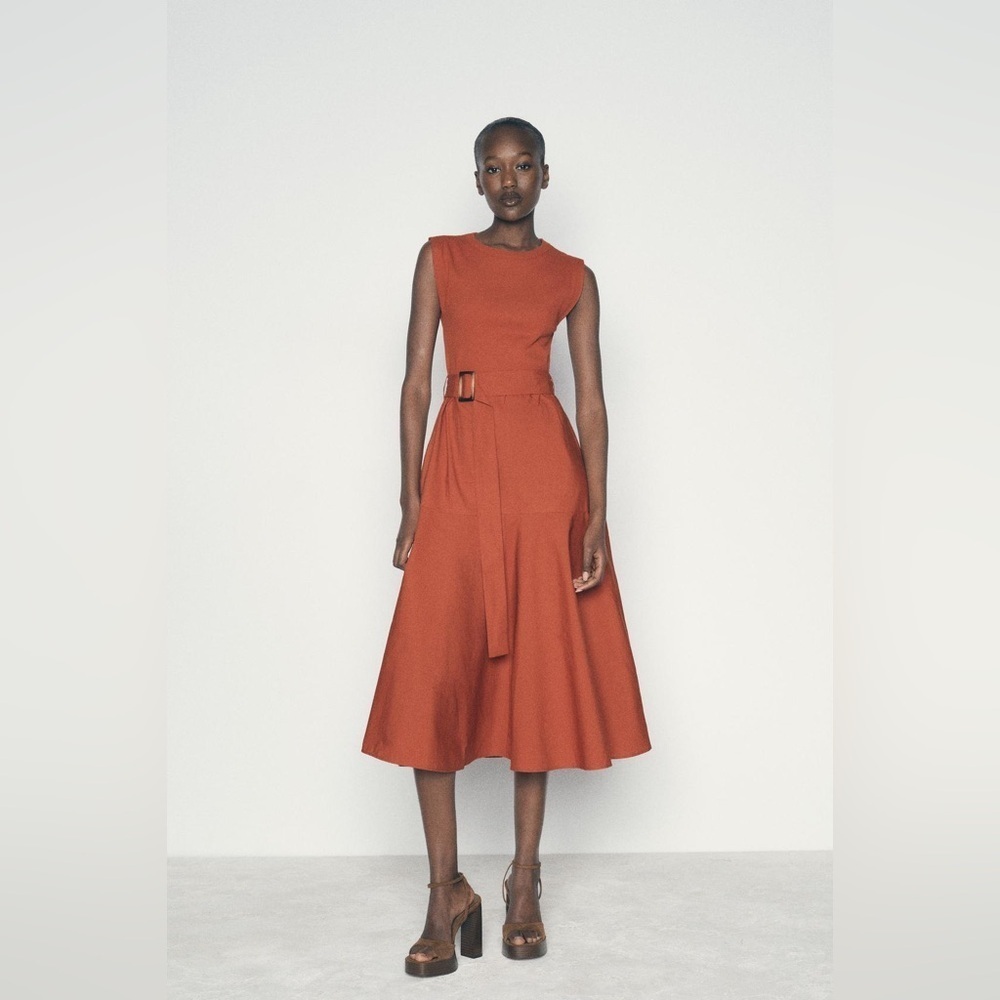 ZARA | A-line contrast rust colored belted midi dress